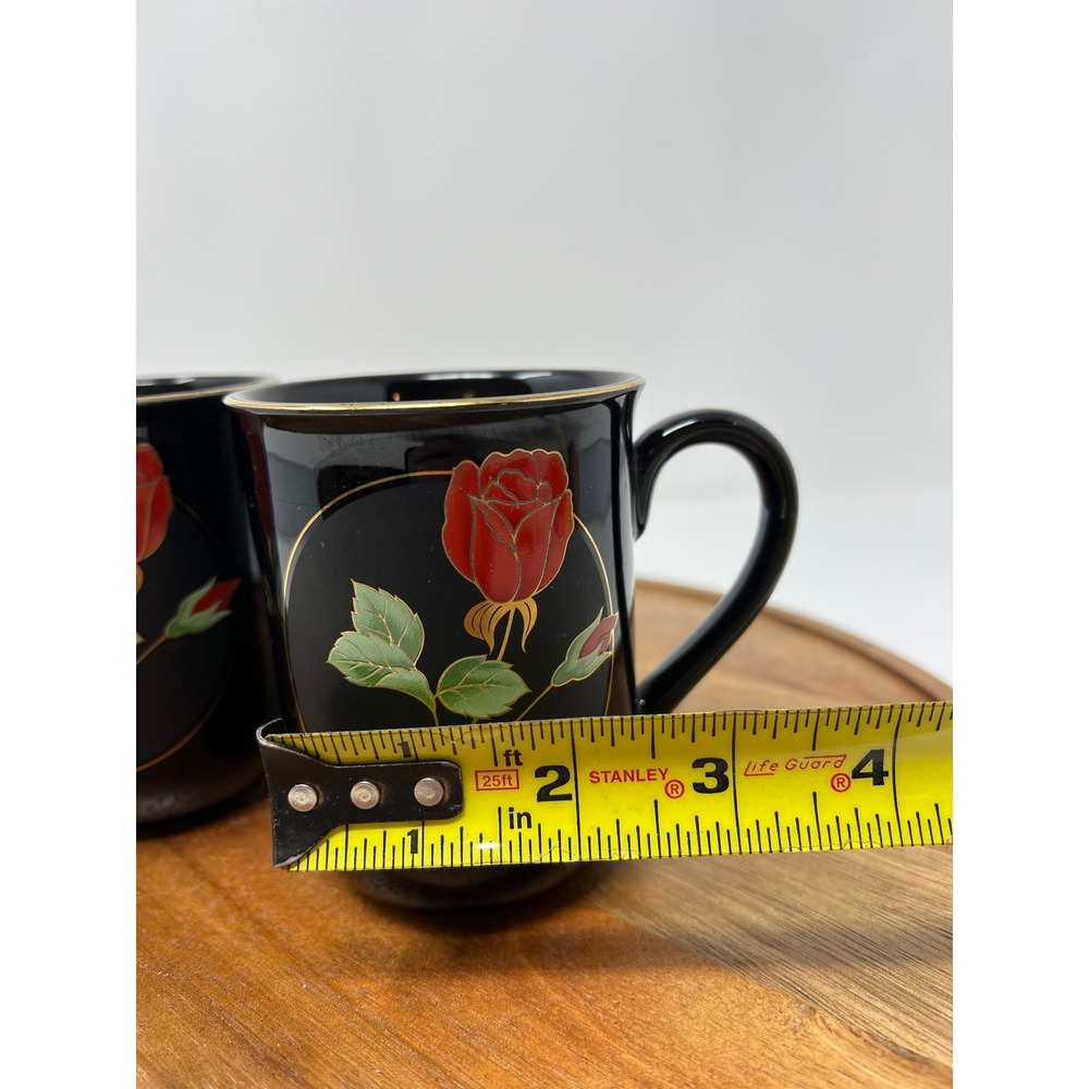 Goryu Rose Japan Black Mug Set Red Rose Gold Trim Coffee Tea Cup Pair - Picture 10 of 10